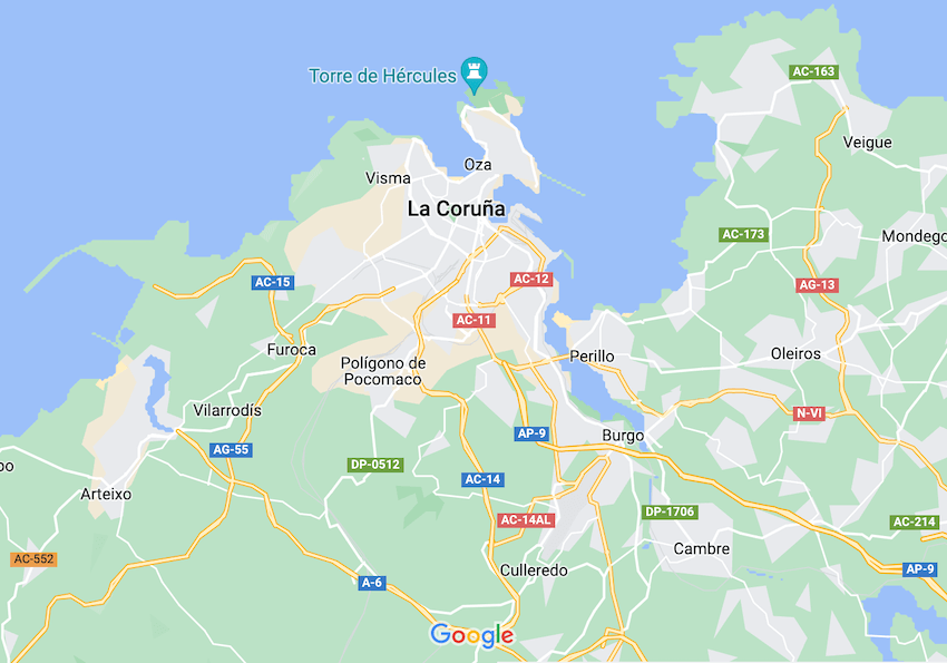 mapa de carreteras cercanas a La Coruña